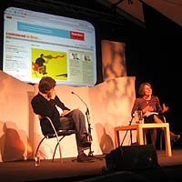 Alan Rusbridger and Georgina Henry speaking at the Hay Festival in Powys