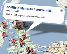 Screenshot of Dipity map of UK job cuts